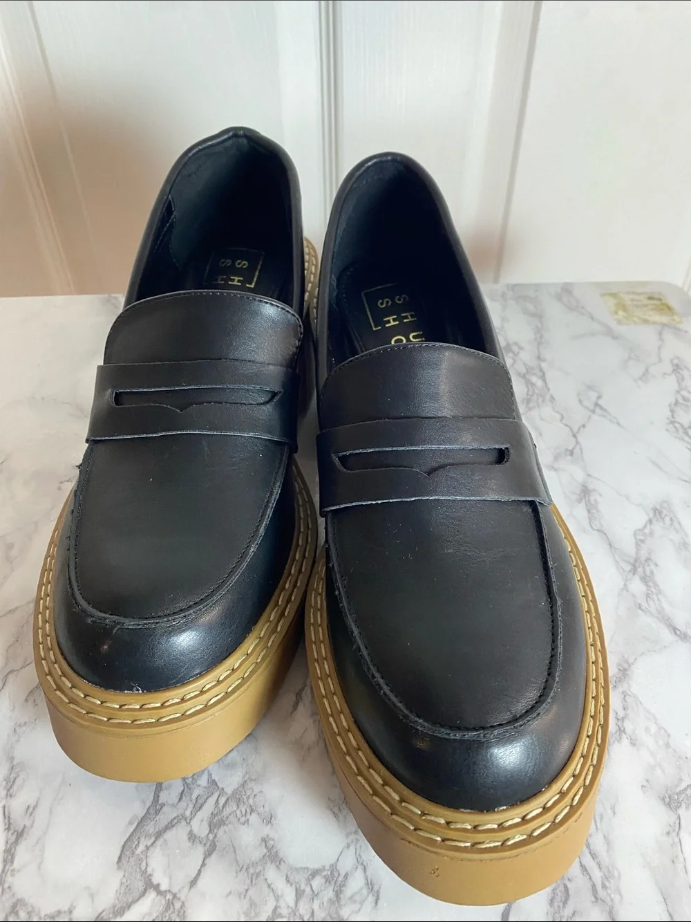 ShuShop Black Leather Platform Penny Loafers with Tan Sole Size 8.5 Chunky Block